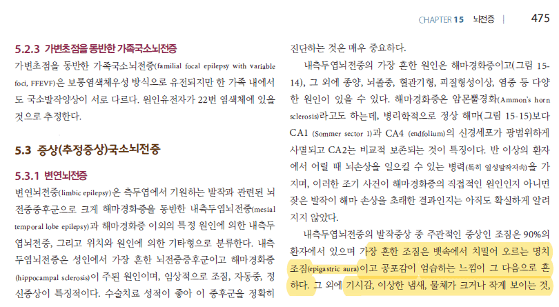 신경학 교과서 발췌 - 내측측두엽뇌전증의 조짐 설명
