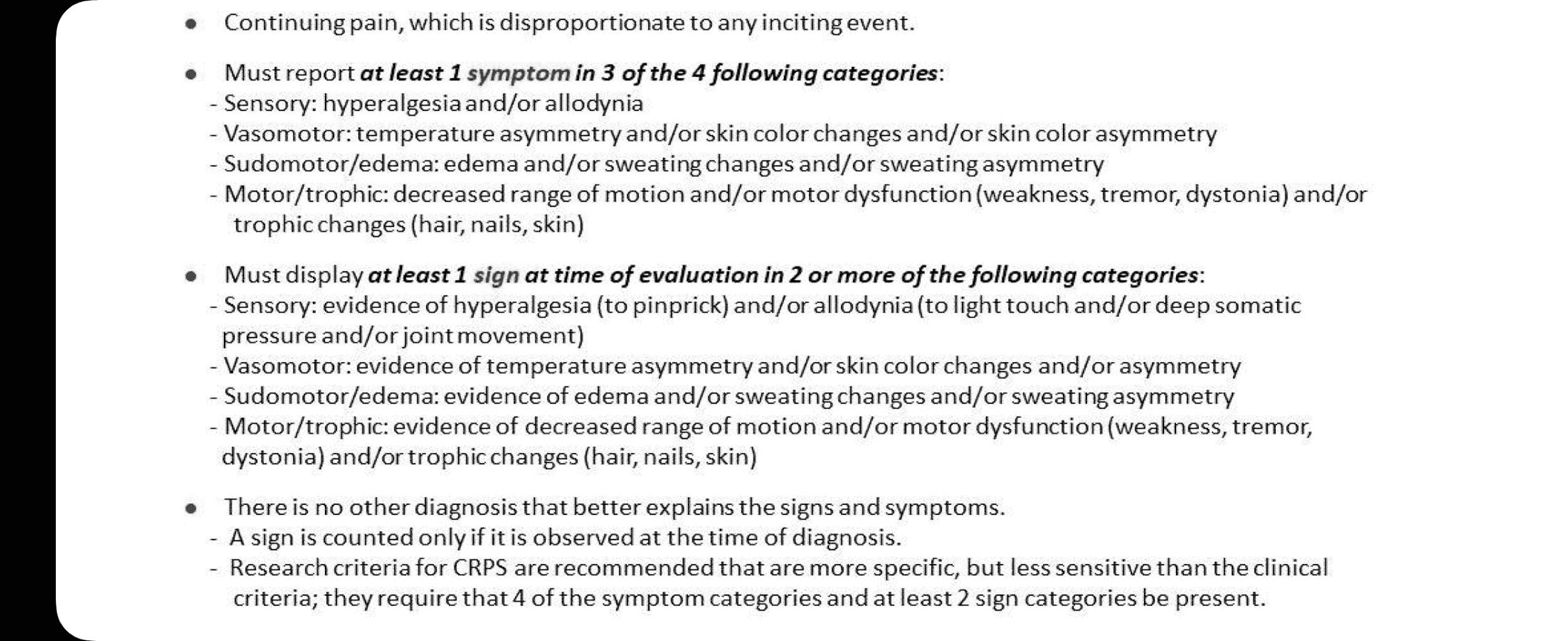 CRPS 부다페스트 진단 기준 표