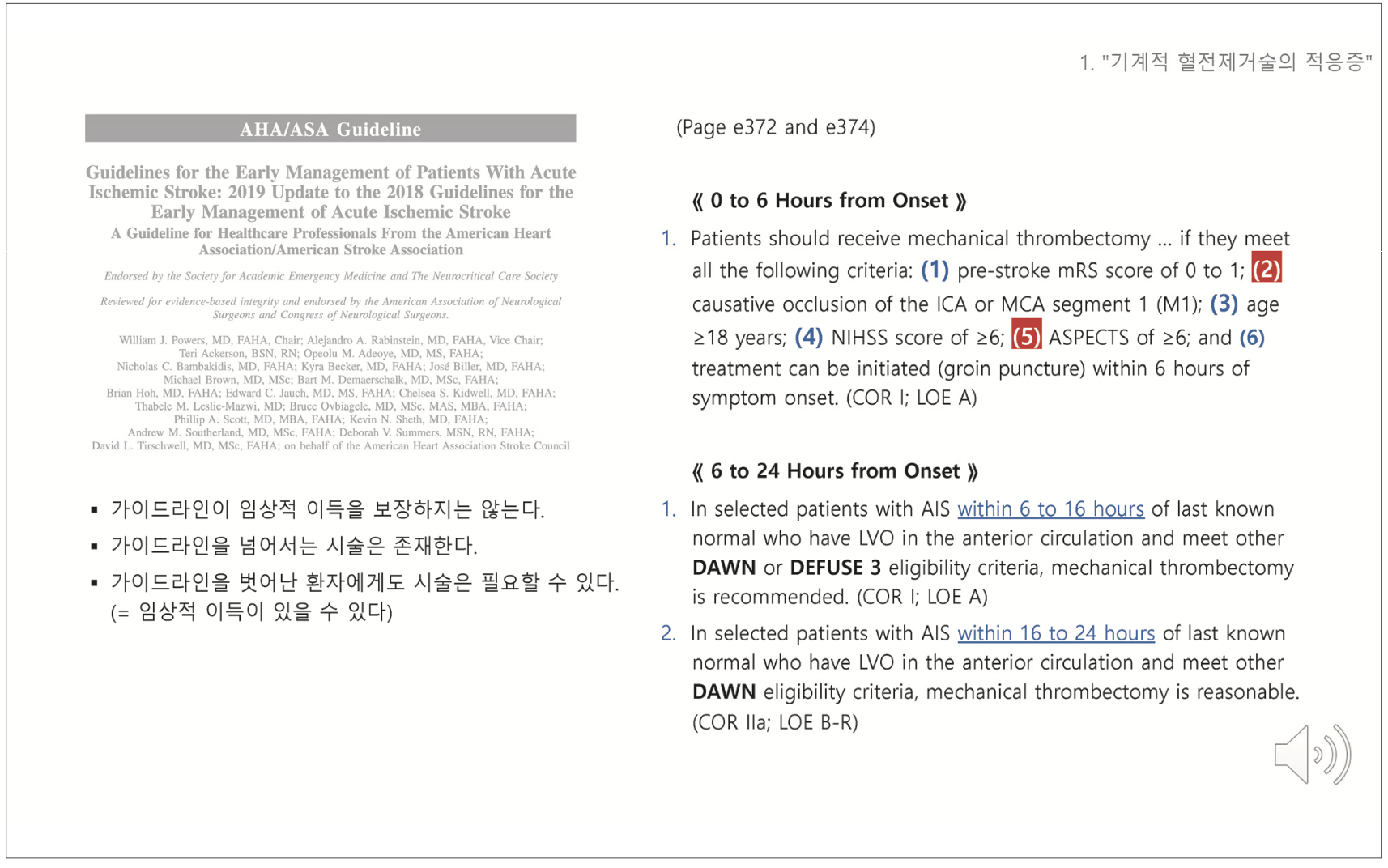 급성 뇌경색 치료 알고리즘: 6시간 이후 내원 시 DAWN 또는 DEFUSE-3 기준에 따른 혈전제거술 결정 과정 도표